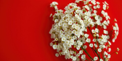 Delicate white blossoms arranged on a vibrant red backdrop, creating a striking contrast and a visually appealing image perfect for various design applications.