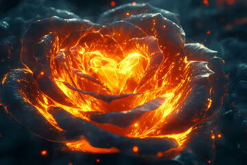 A glowing rose with digital petals forming heart shapes, symbolizing love and beauty