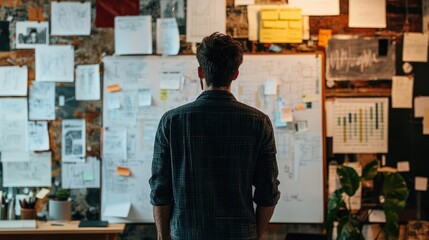Man Contemplating a Wall of Ideas and Plans in his Office