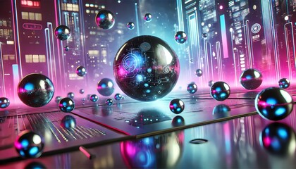 Fototapeta premium Futuristic metallic spheres floating in mid-air, reflecting glowing neon lights on their smooth surfaces