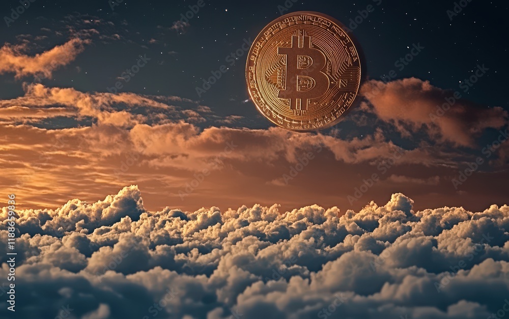 Poster bitcoin coin floating above colorful clouds at sunset
