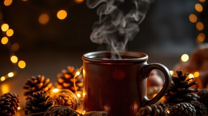 Warmth, Comfort, and Cozy Holiday Cheer A Steaming Mug Amidst Pine Cones and Festive Lights