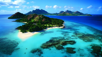 Fototapeta premium Aerial shot of an idyllic island surrounded by clear blue waters