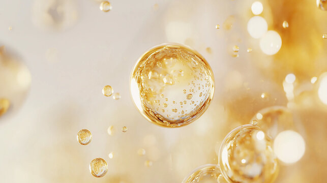 gold oil bubbles, cosmetic, serum, moisture, close up of a gold oil drops - Powered by Adobe