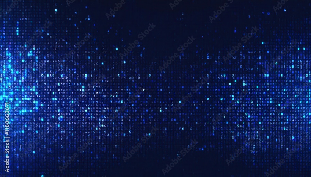 Poster glowing blue digital matrix background with binary code and abstract data flow, perfect for tech visuals and futuristic concepts