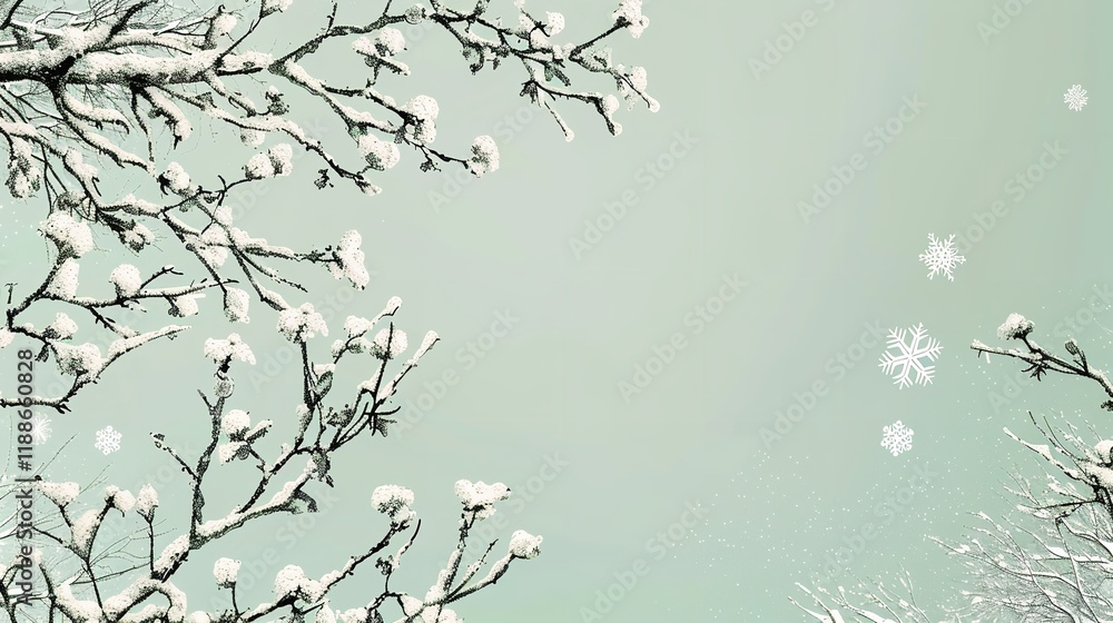 Poster an extremely detailed hand-drawn image of snow-adorned tree branches on a pale green background feat