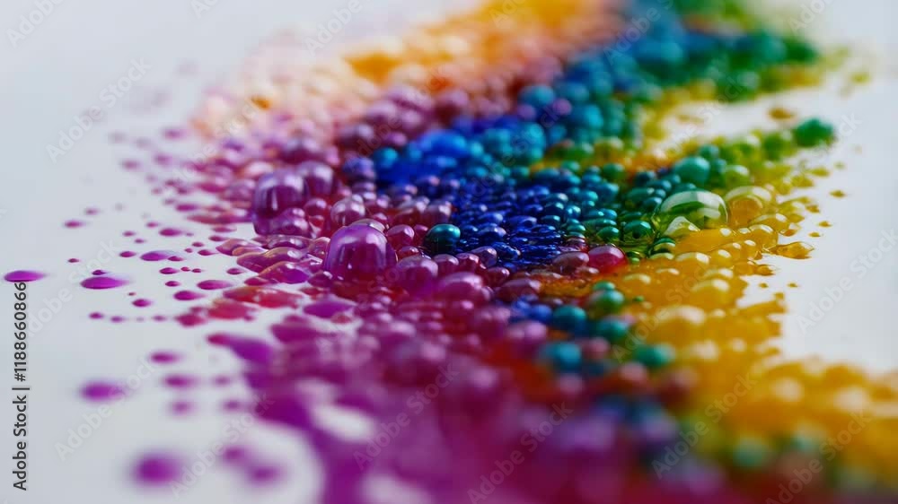 Poster colorful droplets on white surface creating a vibrant rainbow effect with soft reflections and glimm