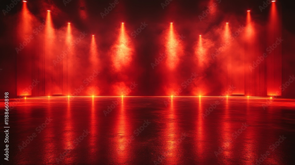 Poster intense red light beams illuminate a smoky stage setting creating an atmospheric spectacle with refl