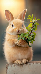 Fototapeta premium Rabbit, A cute rabbit holds a branch with green leaves, showcasing its fluffy fur and playful demeanor in a soft, warm light.