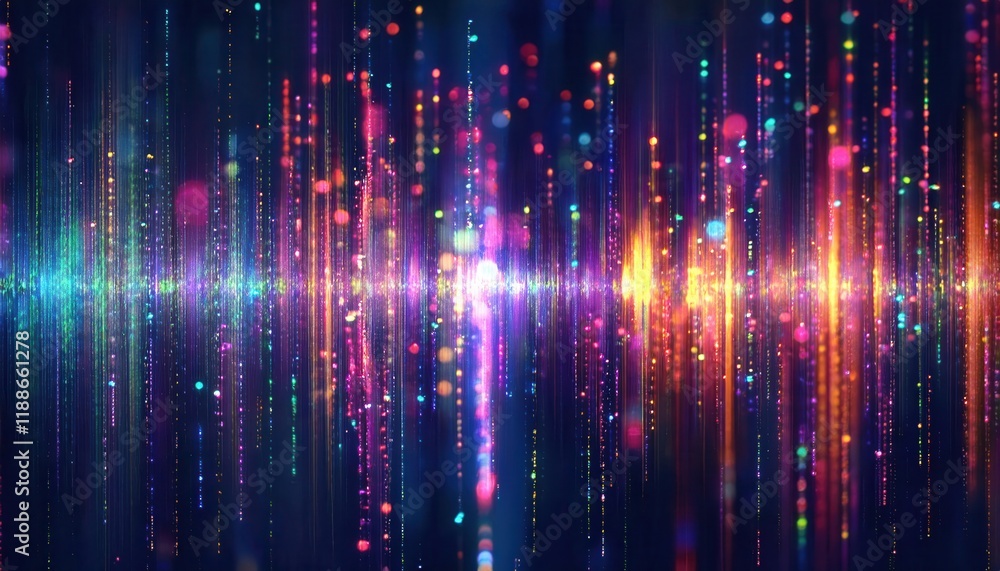 Poster vivid light spectrum with neon glow, abstract digital sound wave pattern, futuristic art background 