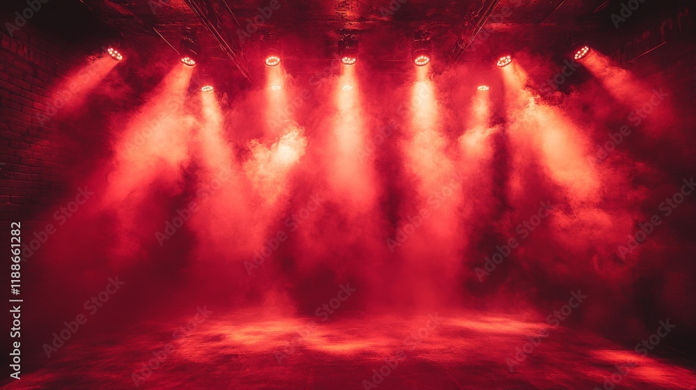 Poster red illuminated stage with smoke and spotlights creating a dramatic atmosphere for performance or en