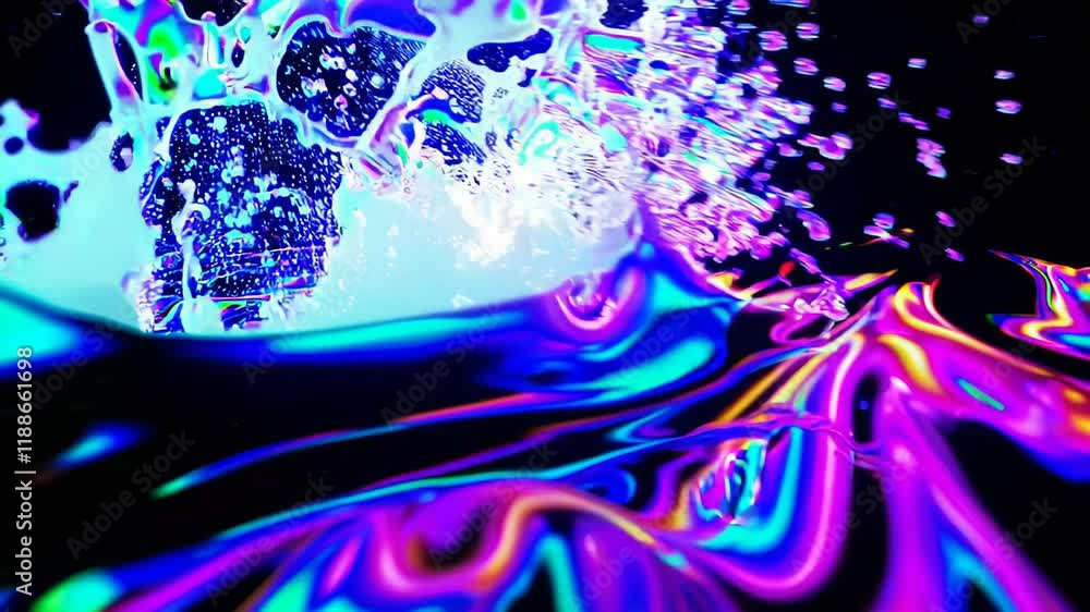 Poster vibrant and dynamic liquid explosion in neon colors, creating a surreal and artistic abstract patter