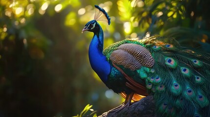 Fototapeta premium Majestic peacock in lush green foliage.