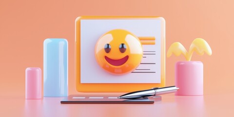 3D illustration of a cheerful emoji with charts and a pen on a desk.