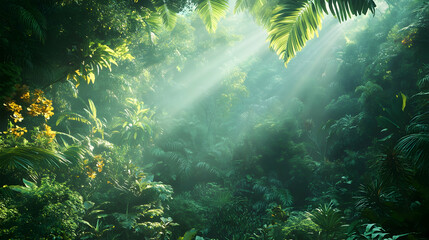 Obraz premium Aerial view of a lush tropical rainforest canopy glowing under sunlight