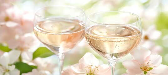 Two Sparkling Wine Flutes Toasting Against a Dreamy Blurred Floral Background, Celebrating Spring