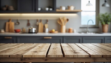 Elegant wooden table surface with blurred kitchen background