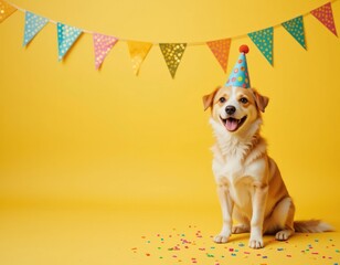 Cute Dog with Party Hat on Yellow Background, for Decoration, Greeting Cards and fun cheerful designs.