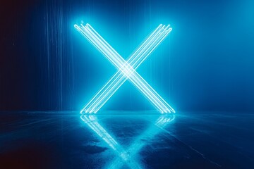 Abstract blue neon X sign in empty virtual space with floor reflections.