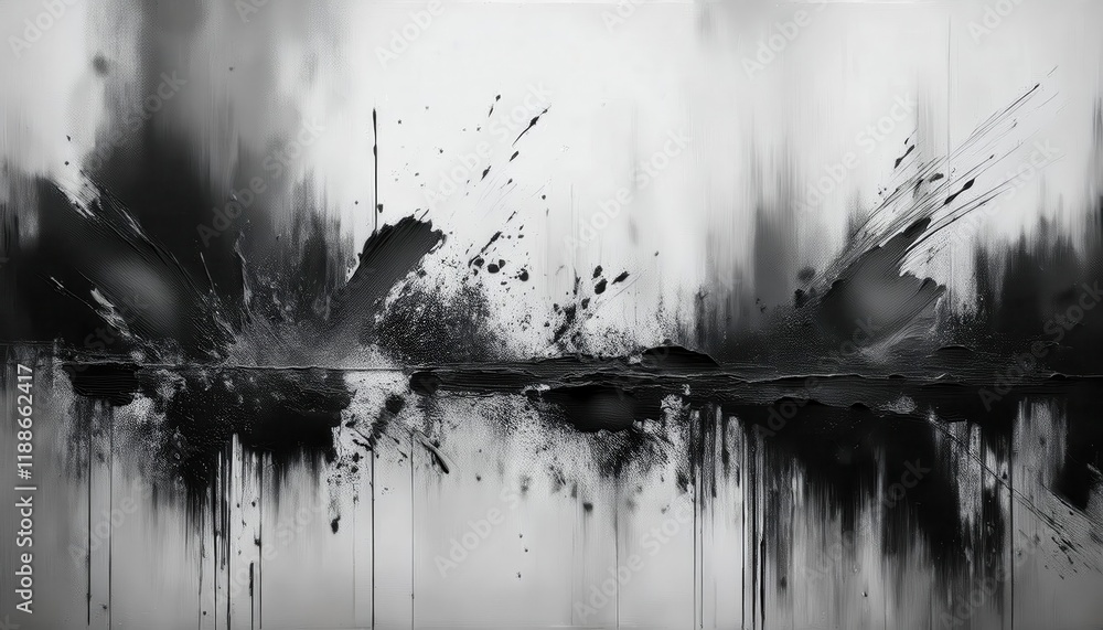Poster abstract black and white dripping paint artwork with textured splashes, depicting a modern minimalis