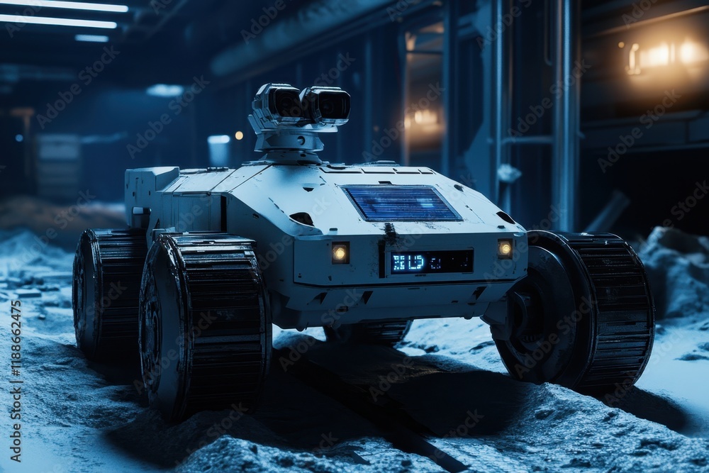 Poster futuristic robotic rover navigating a desolate, illuminated space environment at night