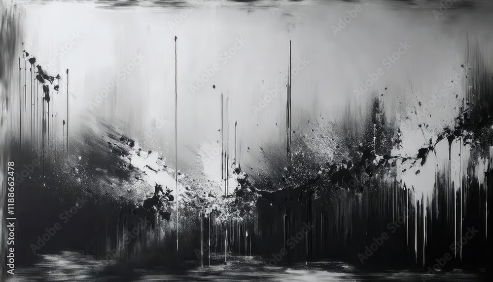 Poster abstract black and white dripping paint artwork with textured splashes, depicting a modern minimalis