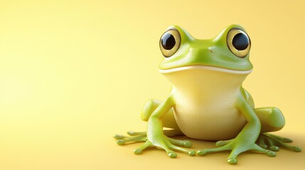 Adorable 3D Render of a Green Frog Sitting on a Yellow Background A Cute Amphibian Illustration