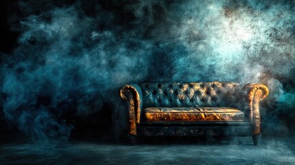 Vintage leather couch in smoky, dark room.