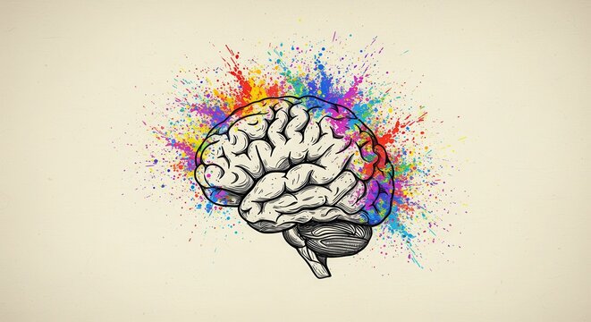 Creative colorful abstract brain illustration with vibrant paint splashes on beige background, Digital illustration of a human brain with colorful bright colors.