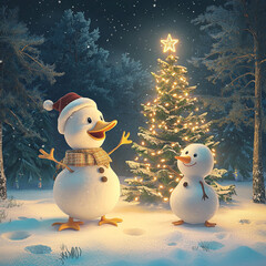 Obraz premium Cheerful snowman and small snow figure near Christmas tree in snowy forest