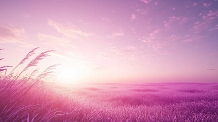 Serene Pink Sunset over Grass Field Landscape