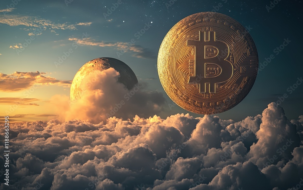 Poster bitcoin floating above clouds at sunset with celestial elements