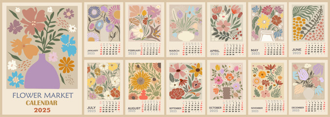 Floral calendar template for 2025 . Vertical design with Flower Market retro posters. Vector illustration page template A3, A2 for printable wall monthly calendar. Week starts on Sunday.