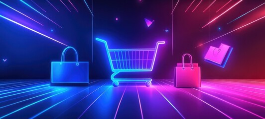 Neon shopping cart and bags in vibrant digital space.
