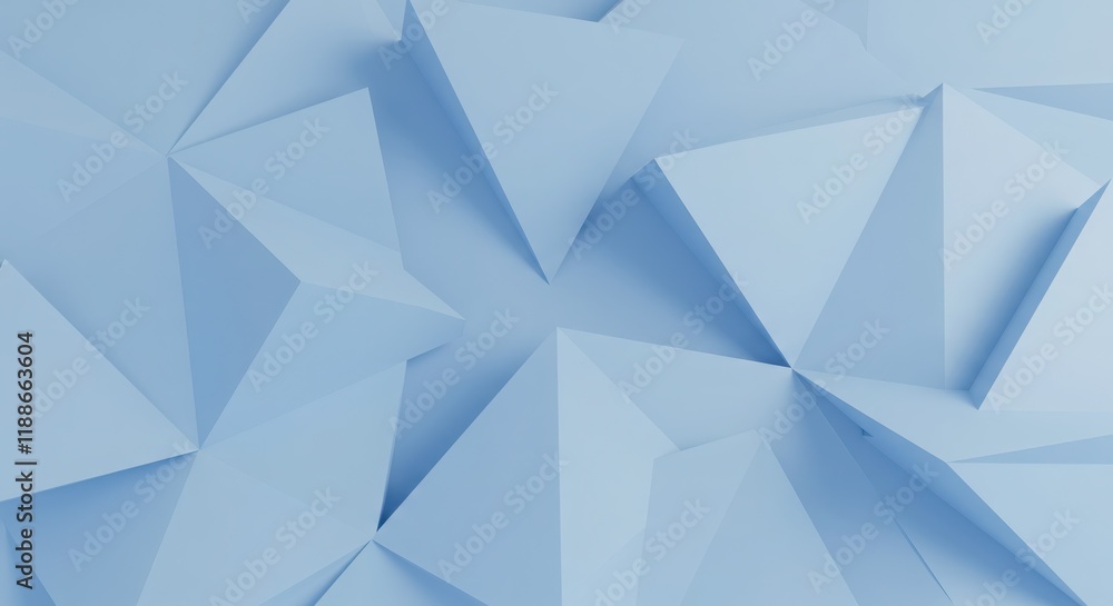 Poster Minimalistic blue geometric 3d shapes with overlapping triangular layers and clean texture