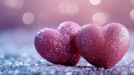 Fototapeta premium Two pink glitter hearts on sparkling background.