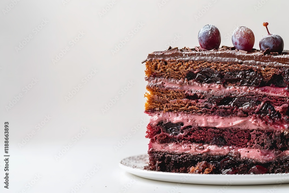 Poster a close-up of a plum and chocolate sponge cake from above set on a stark white background with plent