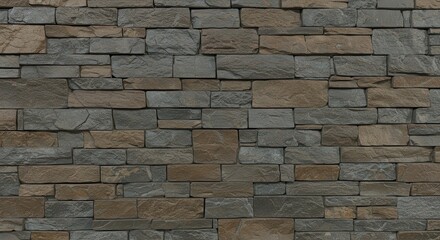 Fototapeta premium Textured natural stone wall pattern with uneven rectangular brick blocks in earthy tones