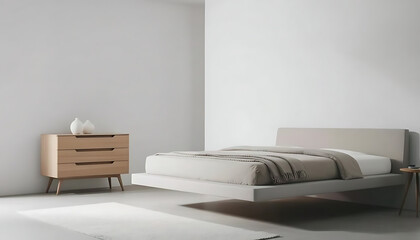 Minimalist Bedroom Interior Design Featuring Floating Bed and Modern Furniture in Neutral Colors