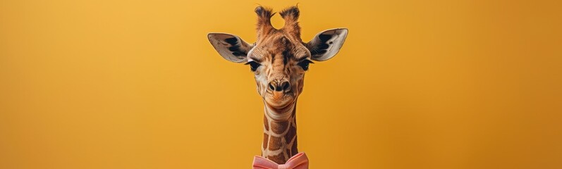 Naklejka premium Giraffe with a bow tie on its neck, animal background, banner, copy space