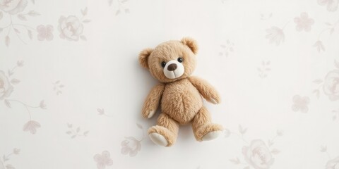 A lone teddy bear on a pristine white surface with delicate floral patterns and subtle textures, isolated teddy bear, simple design