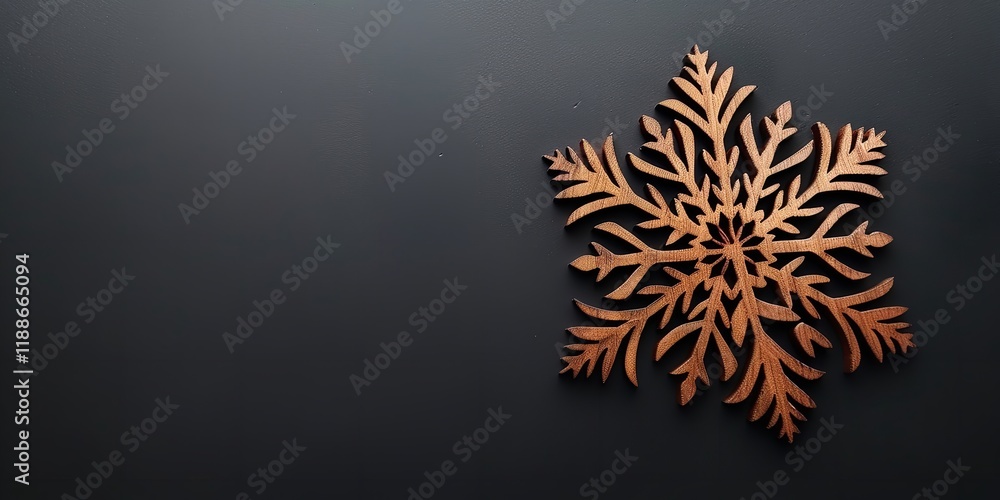 Poster a detailed view of a classy wooden snowflake with a large copy area for backdrop use on a glossy bla