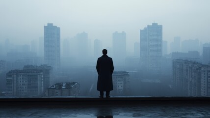 Fototapeta premium Lone figure silhouetted on rooftop overlooking urban landscape foggy atmosphere dramatic viewpoint