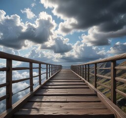 Fototapeta premium A long wooden stairway stretching out into the distance with nothing but sky and clouds behind it , endless, heavens, boundless