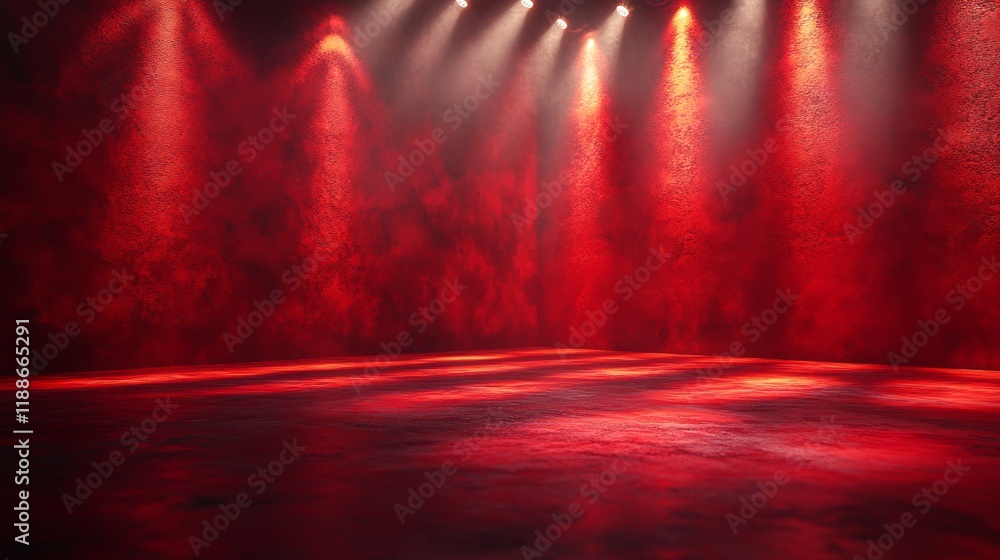 Poster Dramatic Red Stage with spotlights creating a theatrical and captivating scene perfect for background or presentation use