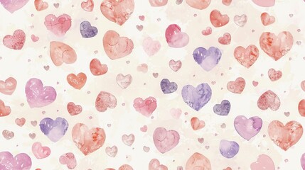 A soft watercolor background with pastel pink, purple, and red hearts 