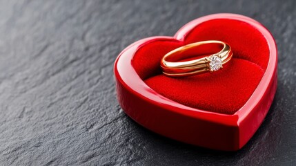 Elegant Gold Wedding Ring on Plush Heart-Shaped Velvet Cushion