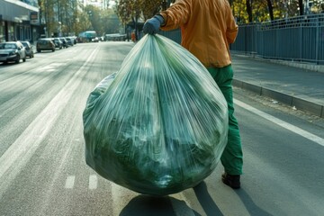 Obraz premium Sanitation worker with large trash bag on urban street