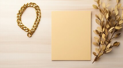 Elegant Gold Chain and Blank Yellow Paper on Wooden Background