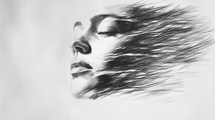 Fototapeta premium Black and White Hatching Shadows Pencil Drawing of a Snub-Nose Woman